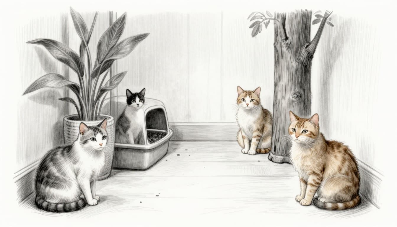 Hand-drawn graphite sketch of two litter boxes with fine litter in a quiet apartment corner, a relaxed cat approaching, with plants and scratching post nearby. Wide-angle composition features light shading on clean white background using grays and light browns.