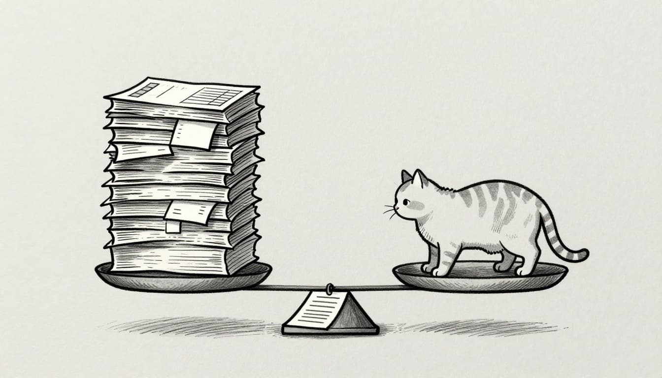 Hand-drawn sketch of two scales comparing a heavy stack of bills on the left to a light insurance policy and small deductibles on the right, with a cat balancing nearby, symbolizing self-payer vs. insured costs. Graphite linework, light shading, on clean light gray paper background.