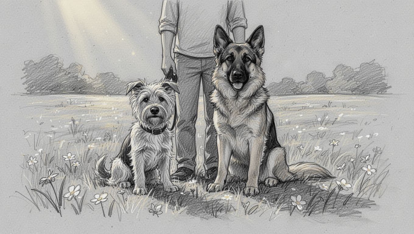 Handgezeichnete Skizze von einem kleinen Jack Russell Terrier und einem großen Deutschen Schäferhund, die nebeneinander auf einer sonnigen Wiese sitzen, mit Halter im Hintergrund – symmetrische Komposition zur Illustration von Kostenunterschieden bei Hunden.