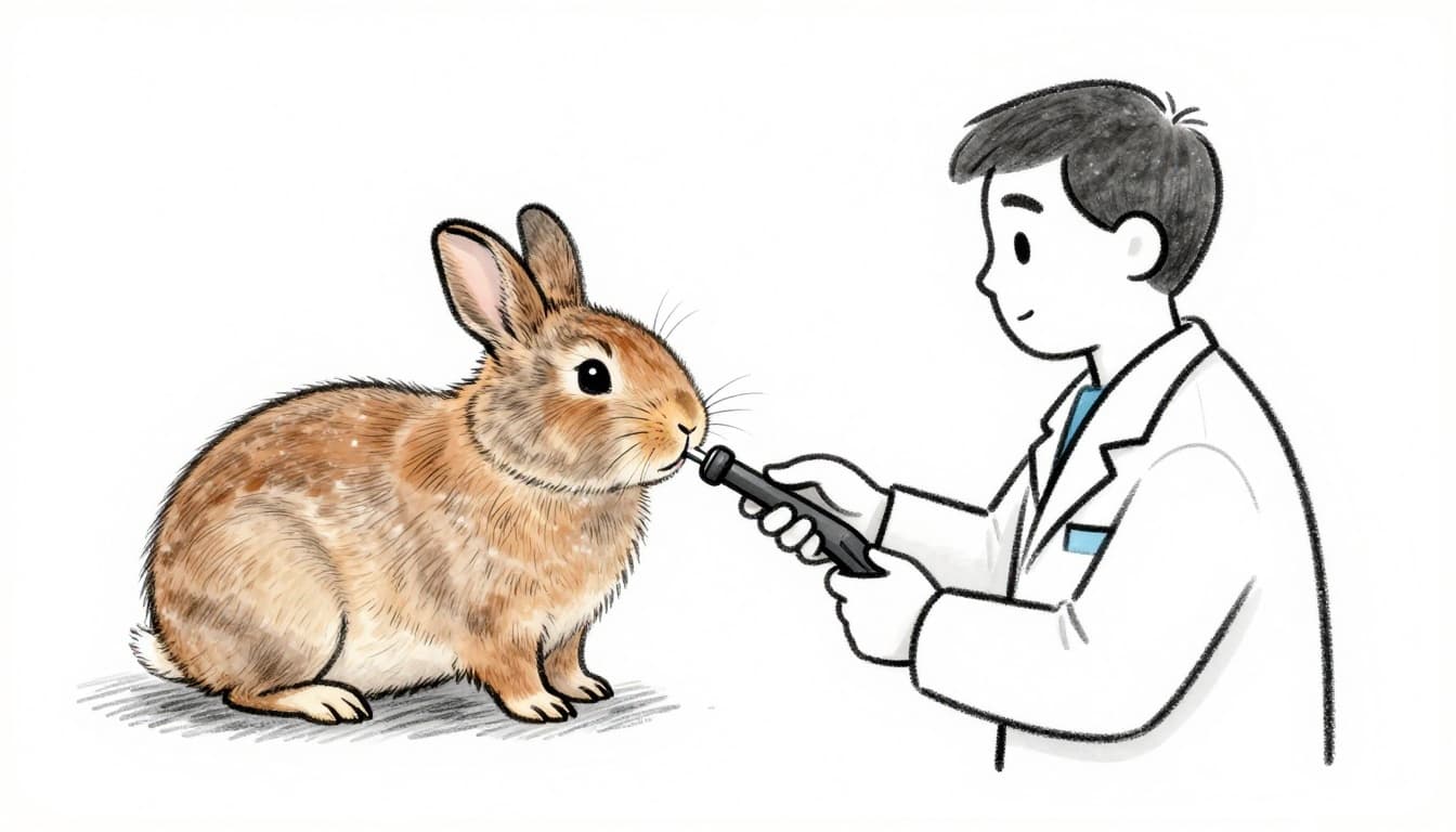 Ein niedliches Kaninchen hat das Maul vorsichtig geöffnet, während der Tierarzt mit einem Endoskop die Zähne untersucht. Ruhige Szene in der Praxis als handgezeichnete Skizze mit Graphitlinien und leichter Schattierung.
