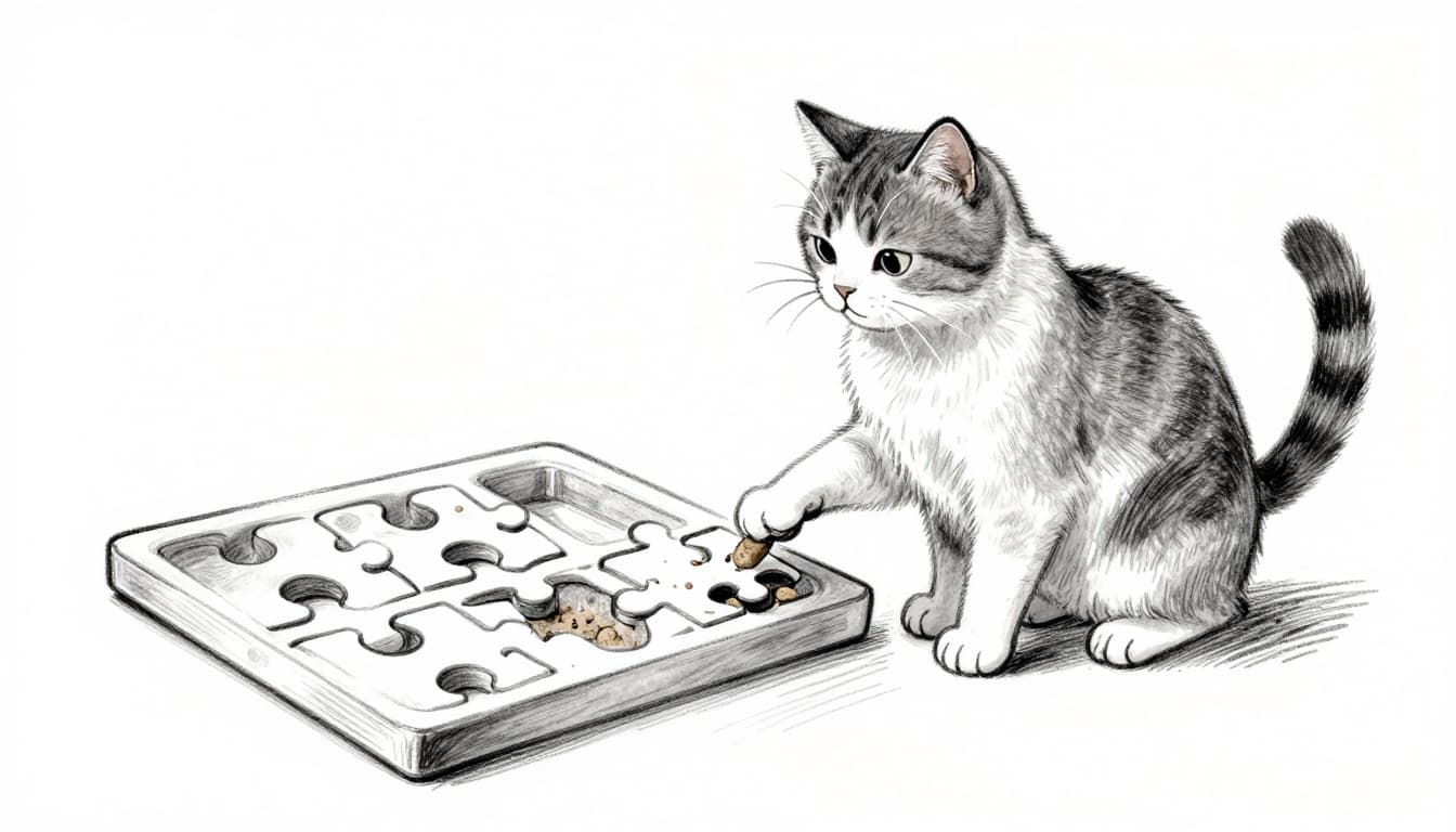 Eine Katze nascht langsam Trockenfutter aus einem Puzzle-Napf mit Vertiefungen und Barrieren auf einem Wohnzimmertisch und stupst mit der Pfote hinein. Handgezeichnete Skizze im Graphitstil mit leichter Schattierung auf weißem Hintergrund.