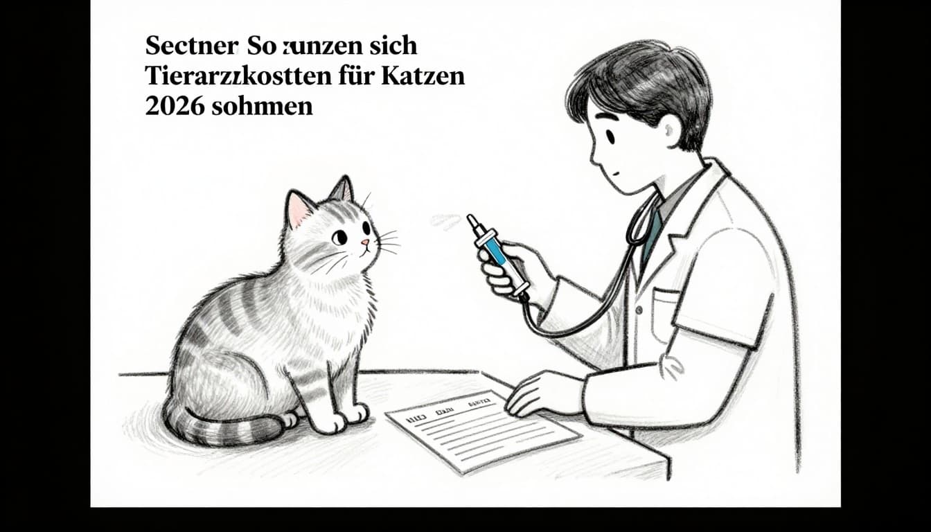 Eine niedliche Katze liegt entspannt auf einem Untersuchungstisch in einer hellen Tierarztpraxis, ein Tierarzt haelt Stethoskop daneben, im Hintergrund Regale mit Medikamenten und Rechnung. Handgezeichnete monochromatische Skizze mit einem Fokus auf Kostenkomponenten.