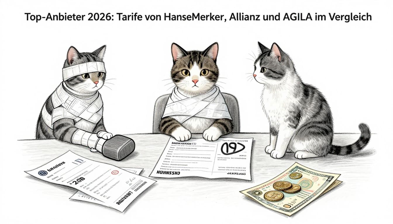 Eine zufriedene Katze mit Verband am Bein sitzt auf einem Tisch neben Rechnung, erstatteten Geldscheinen und Versicherungspapieren in einem einfachen Wohnzimmer-Setting. Handgezeichnete Skizze im Bleistiftstil mit leichter Schattierung auf weißem Hintergrund.