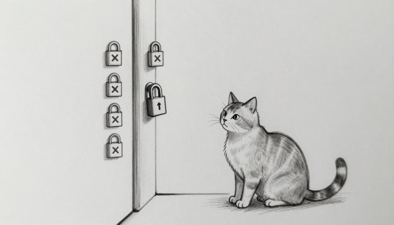 Eine neugierige Katze steht vor einer Tür mit mehreren Schlössern und Kreuzen, die Versicherungsausschlüsse symbolisieren, vor einer Tierklinik. Handgezeichnete Skizze im Bleistiftstil mit leichter Schattierung auf weißem Papier.
