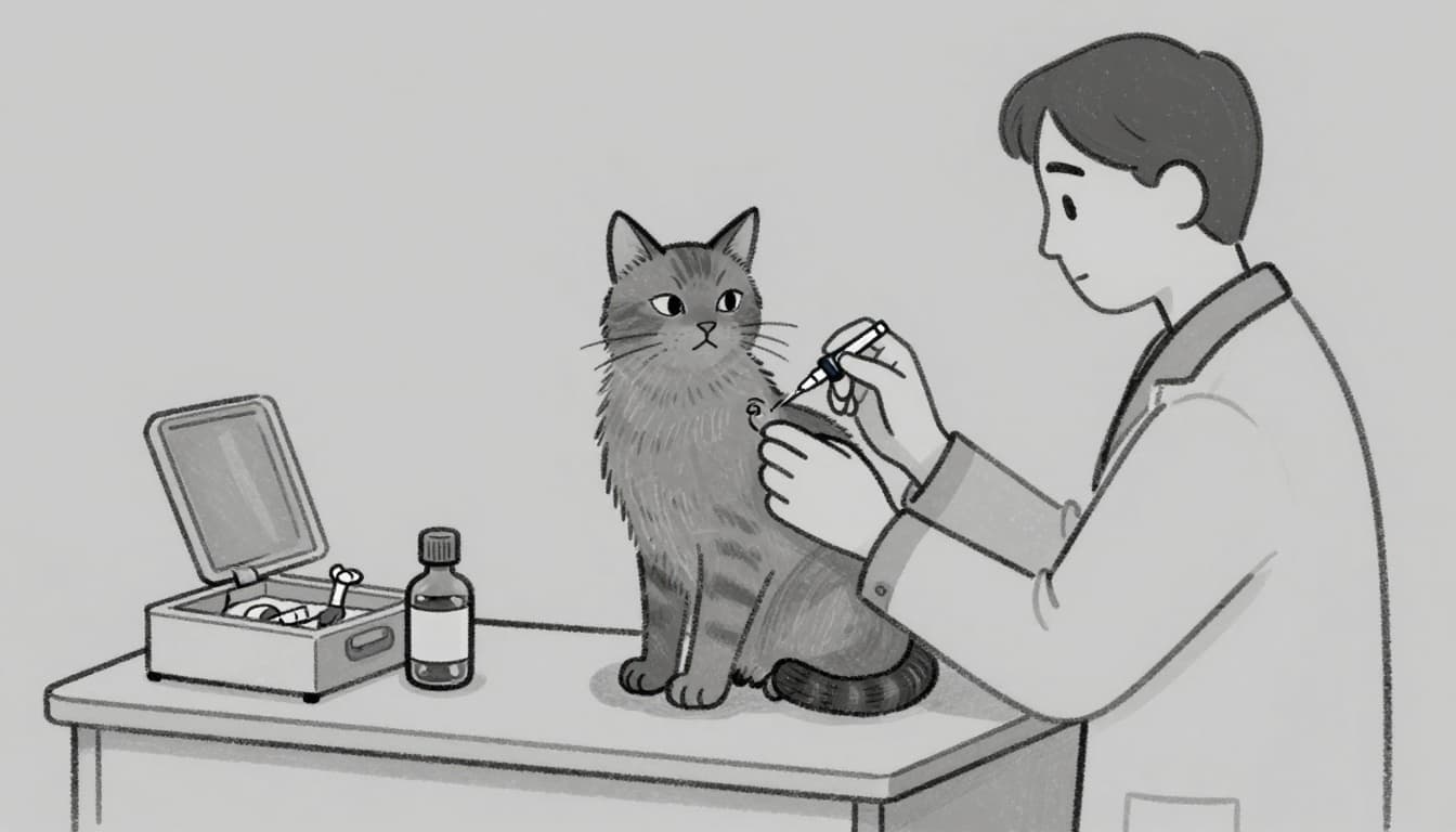 Eine Katze sitzt auf einem Tisch in einer Tierarztpraxis und erhaelt eine Impfung, wobei der Tierarzt sanft in den Nackenbereich injiziert. Daneben Impfstoffflaeschchen und Mikrochip-Apparat in ruhiger Atmosphaere; handgezeichnete Skizze mit Graphitlinien, leichter Schattierung und monochromem Grauton.
