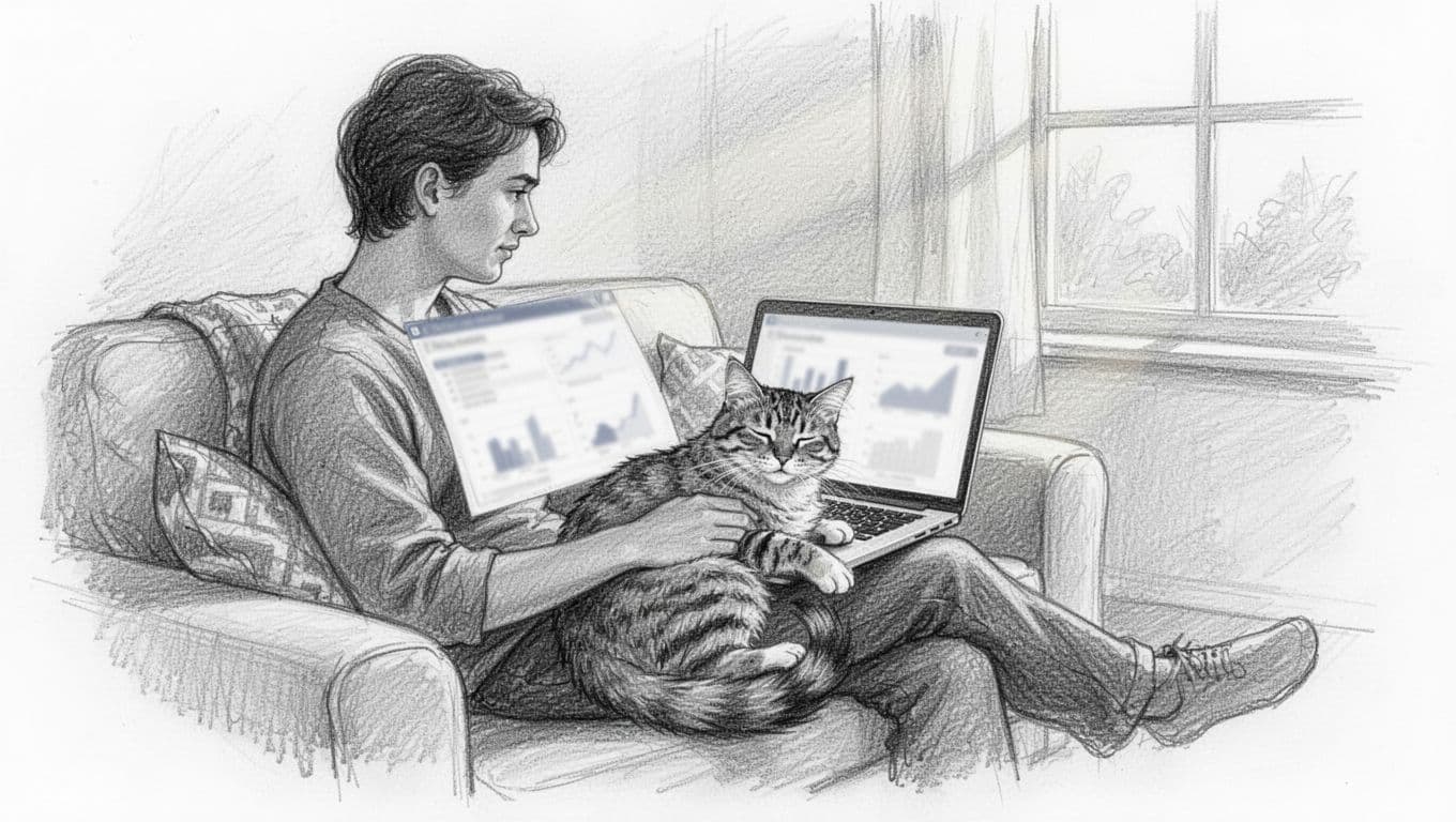 Besitzer mit Katze auf dem Schoß vergleicht online Versicherungstarife am Laptop in einer gemütlichen Wohnzimmer-Szene. Handgezeichnete Skizze mit Graphitlinien, leichter Schattierung und weißem Papierhintergrund.