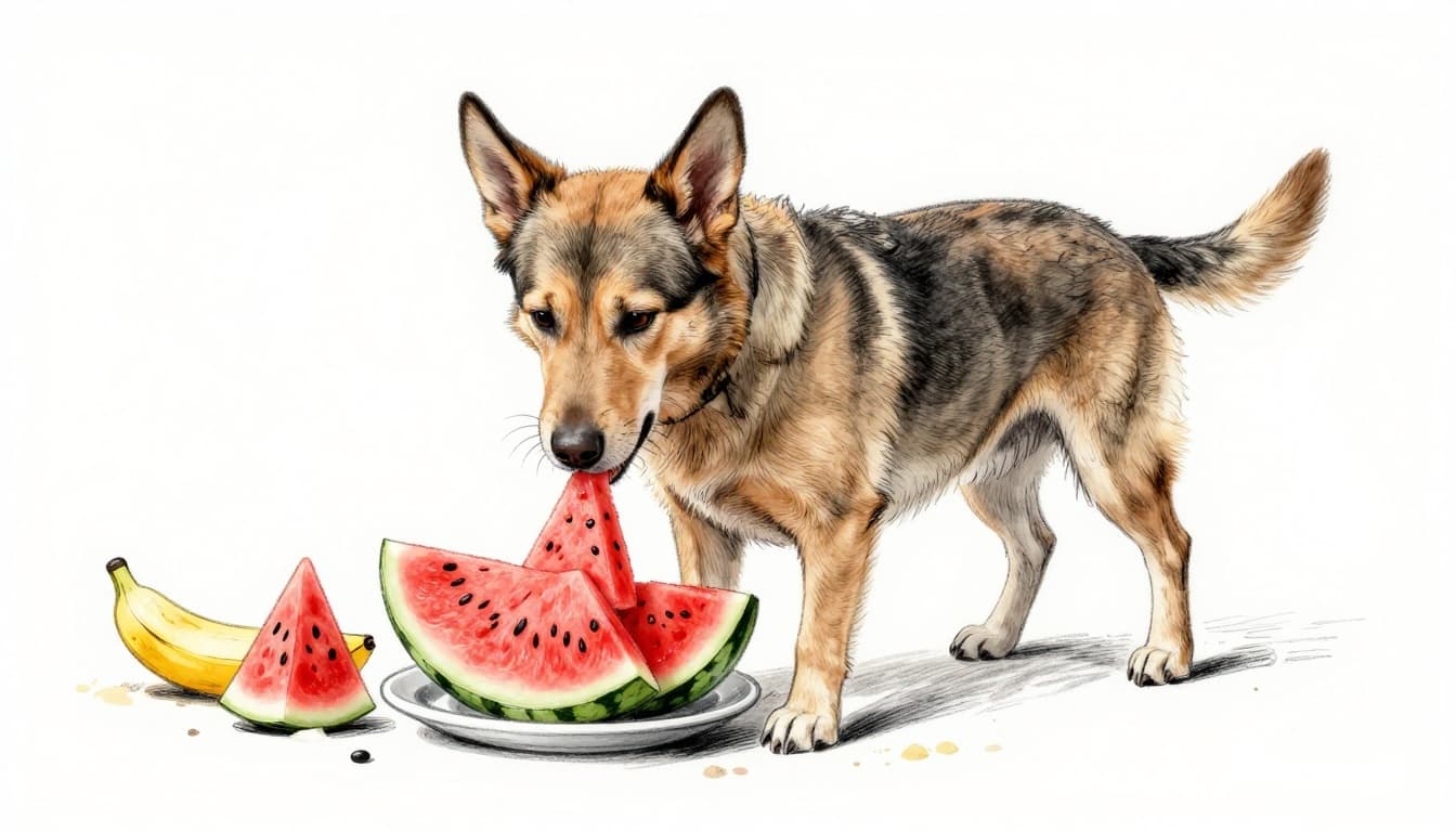 Hand-drawn graphite sketch of a relaxed Labrador dog lapping watermelon pieces from a plate on a sunny beach, medium shot with light shading and clean white background.