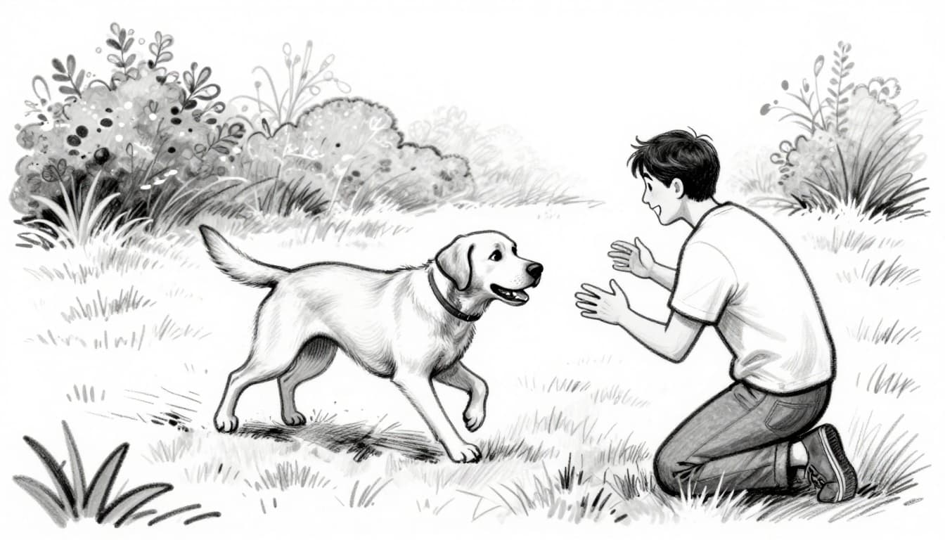 Monochrome hand-drawn sketch of a Labrador dog joyfully running towards its kneeling, smiling owner with arms outstretched in a quiet home garden. Features dynamic motion lines, soft focus background bushes, centered full-body composition for first step in whistle-free recall training.