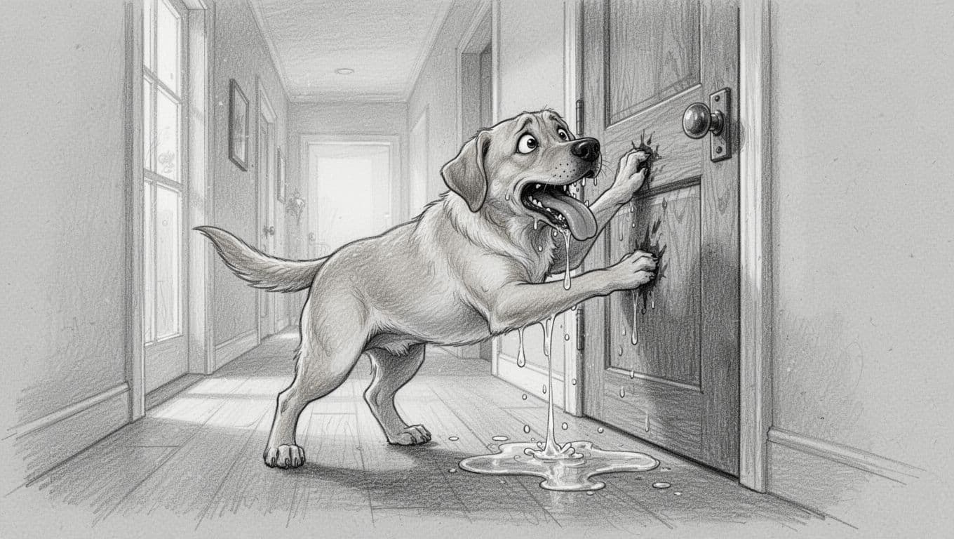 Hand-drawn graphite sketch depicting a medium-sized Labrador dog with severe separation anxiety: heavy panting, drooling pooling on the floor, and frantic scratching at a closed door in a bright hallway.