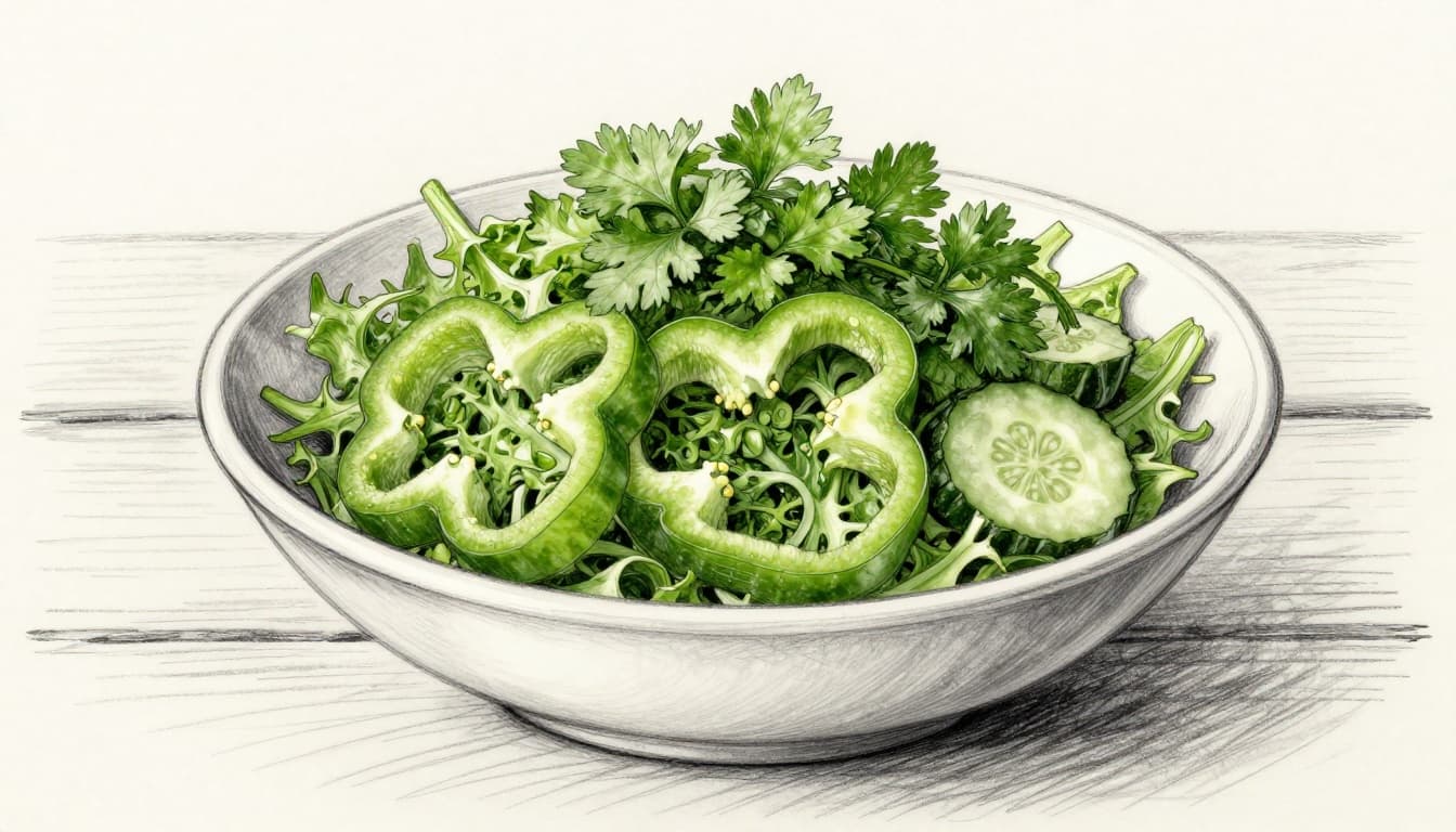 A hand-drawn monochrome graphite sketch depicts a shallow dish on a wooden surface filled with fresh leafy greens like dandelion and parsley alongside sliced bell peppers and cucumbers, featuring light shading on a very light gray paper background.