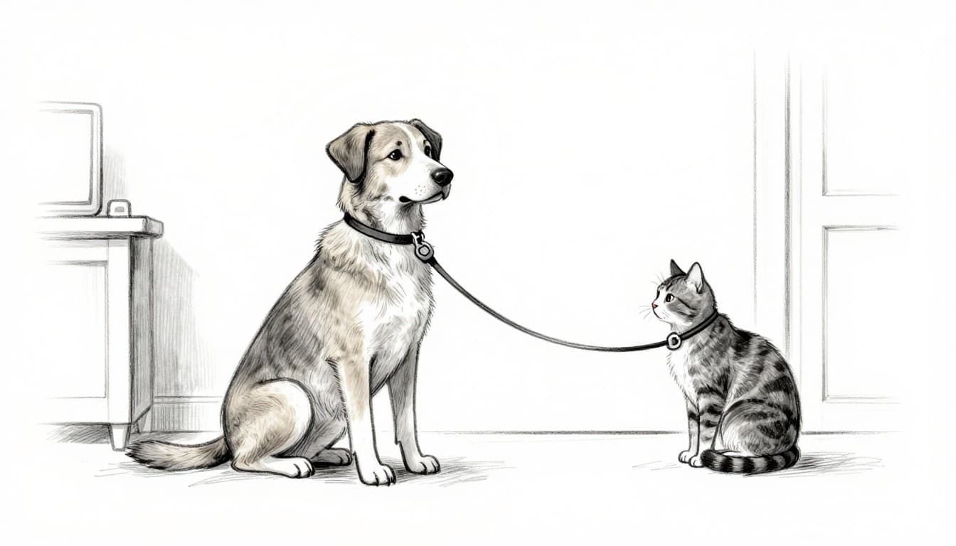 Leashed medium-sized dog sits calmly in a neutral living room as cat observes from safe distance on high shelf; one person holds leash loosely with relaxed hands in positive atmosphere. Hand-drawn graphite sketch with light shading on clean white background.