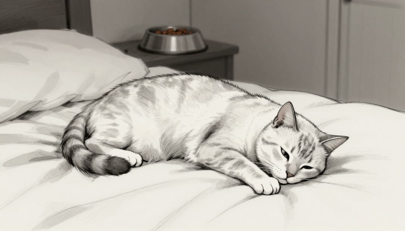 Schwache Katze liegt zusammengerollt neben einem Napf.