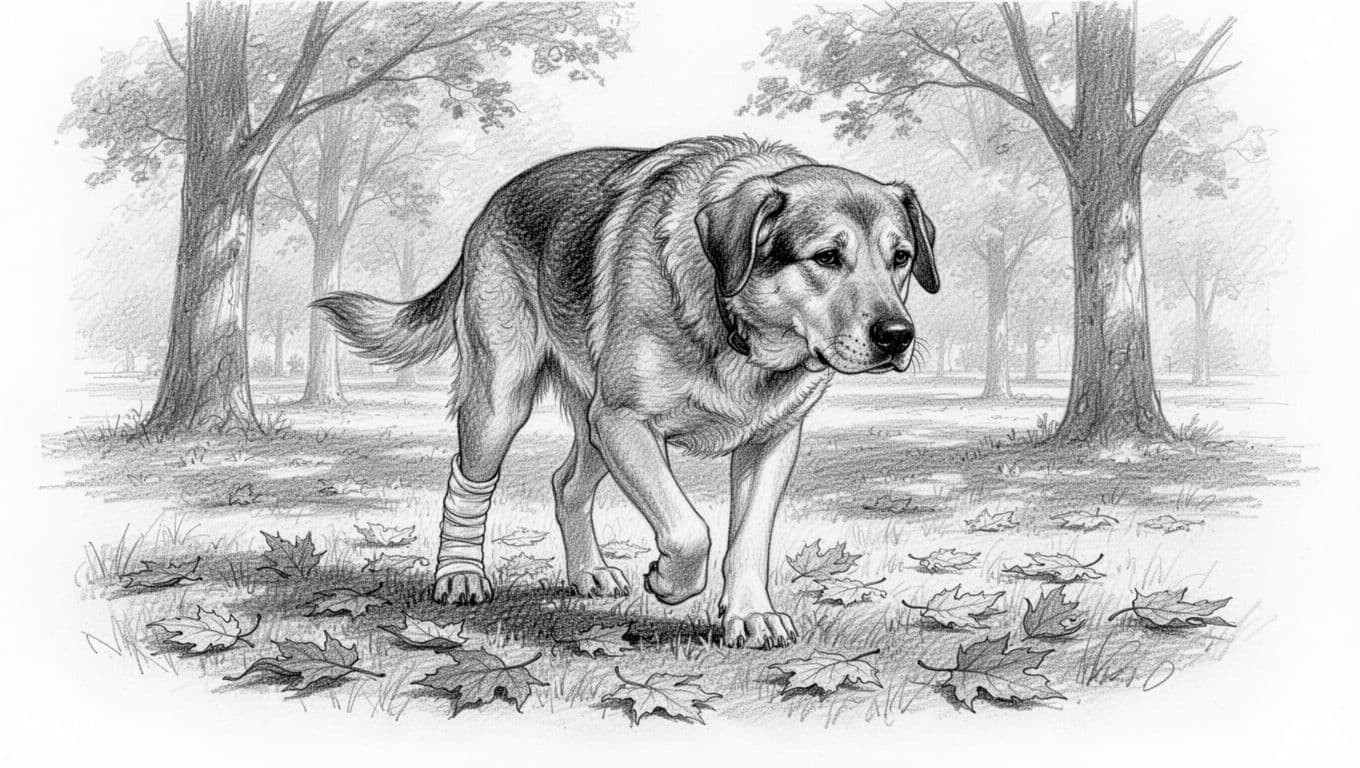 A large dog with a bandaged hind leg limps carefully through a park with leaves scattered on the ground. Hand-drawn graphite sketch with linework and light shading on a clean white background, no colors, text, or logos.