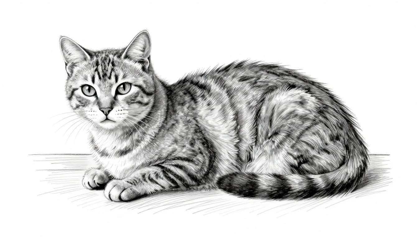 Hand-drawn graphite sketch of an elegant longhaired cat diligently grooming on a sunny windowsill, with visible loose undercoat. Monochrome grayscale palette, fine lines, light shading, clean white background.