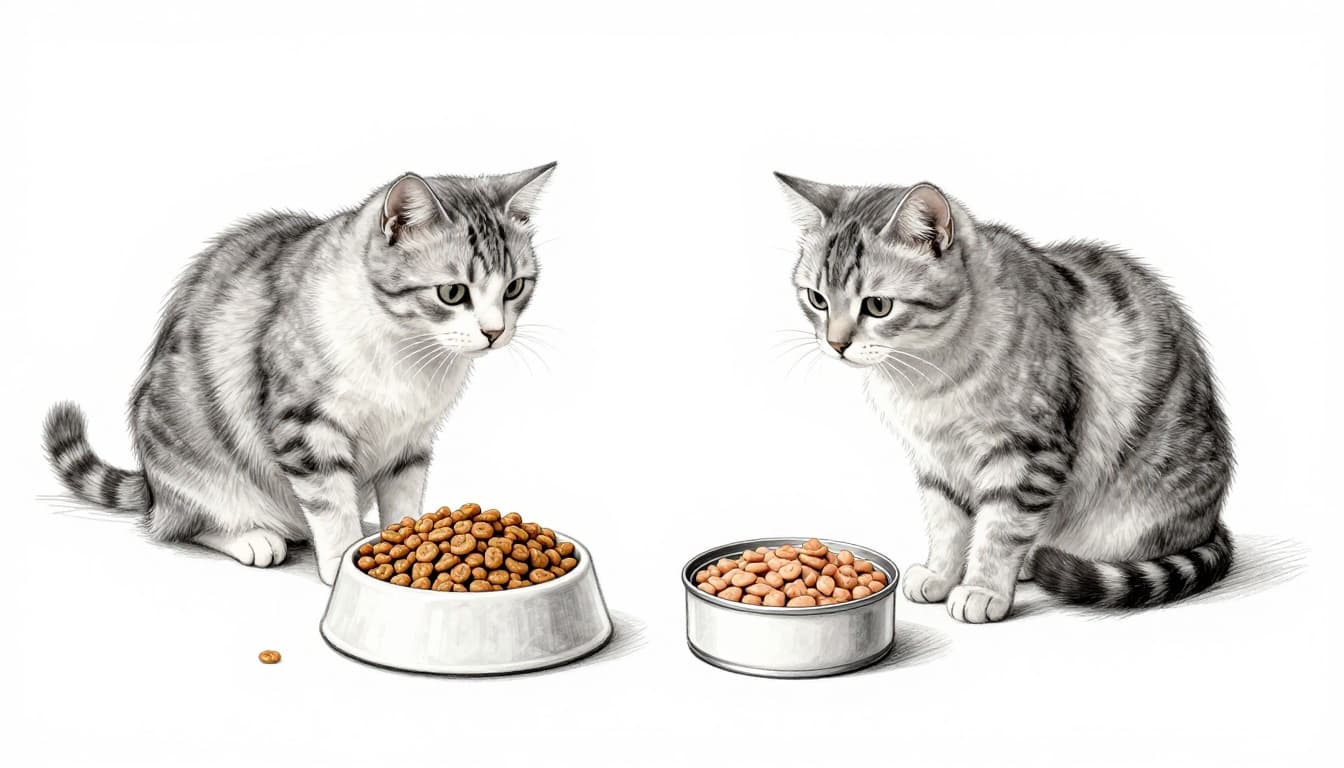 Eine neugierige Hauskatze sitzt vor zwei Futternäpfen auf dem Küchenboden: links knuspriges Trockenfutter, rechts weiches Nassfutter. Handgezeichnete Skizze mit Graphitlinien, leichter Schattierung und Grau-Erdtönen auf weißem Hintergrund.