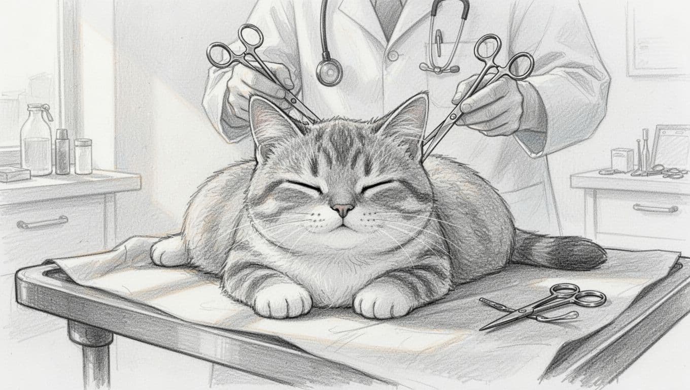 Eine niedliche Hauskatze liegt entspannt auf einem tierärztlichen Operationstisch während einer sanften Untersuchung oder Operation, mit einem Tierarzt und Instrumenten im hellen Klinikraum im Hintergrund. Handgezeichnete Skizze mit Graphitlinien, leichter Schattierung und weißem Papierhintergrund.