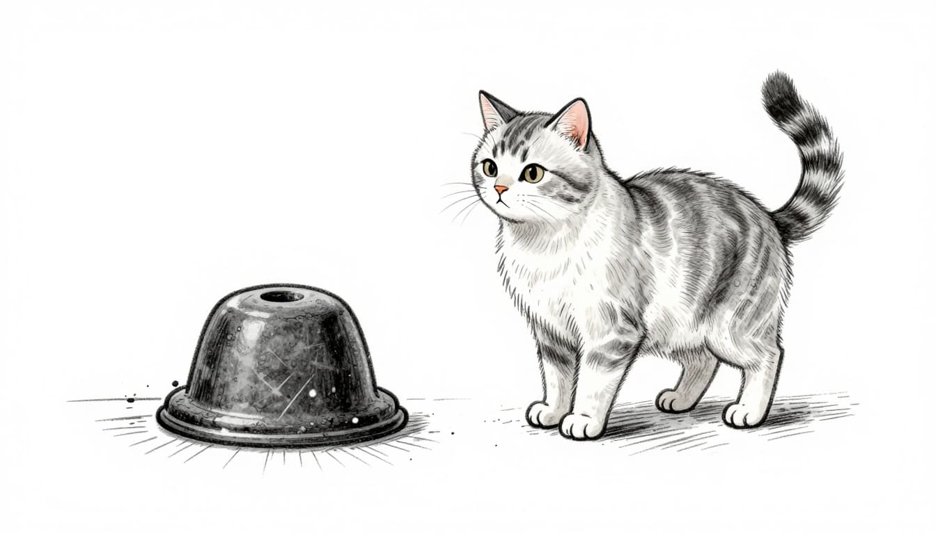 Hand-drawn sketch in graphite style of a well-lit old scratched cat litter box showing visible scratches and odors, with one cat sniffing it suspiciously from the side. Centered litter box composition on clean white paper background.
