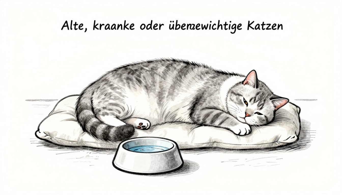 Übergewichtige ältere Katze wirkt kraftlos neben einem Wassernapf.