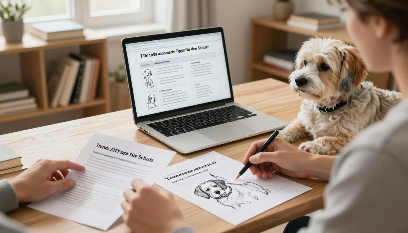 Hand-drawn sketch of an owner sitting at a cozy home desk reviewing insurance documents and a laptop comparison chart for their senior dog resting nearby.