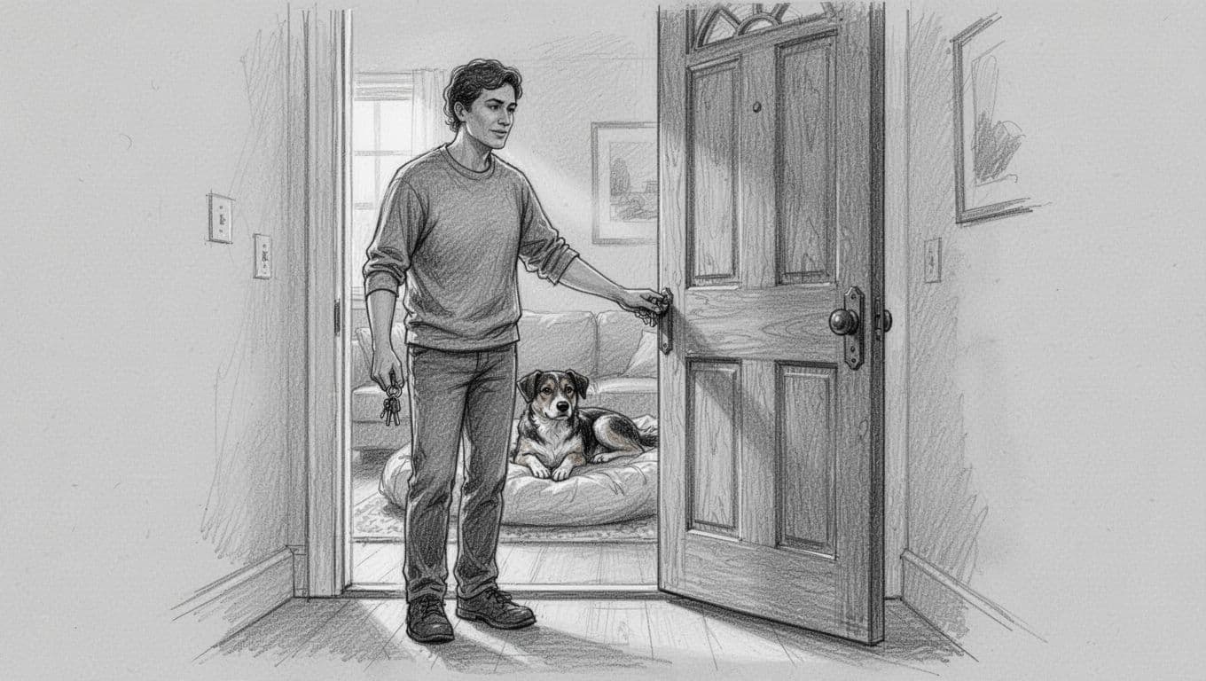 Hand-drawn graphite sketch of an owner in a hallway holding keys and slightly opening a wooden front door, with a medium-sized mixed-breed dog calmly resting on a bed in the living room background.