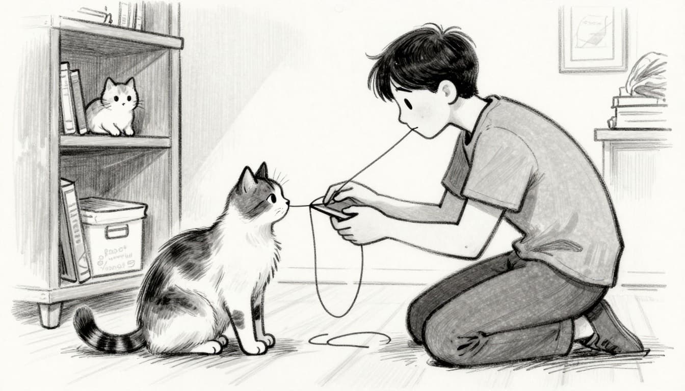A person kneels in a small apartment living room, playfully teasing a jumping cat with a string toy, focusing on their relaxed interaction; a second cat observes calmly from a shelf. Hand-drawn graphite sketch with light shading on clean light gray paper, warm indoor lighting.