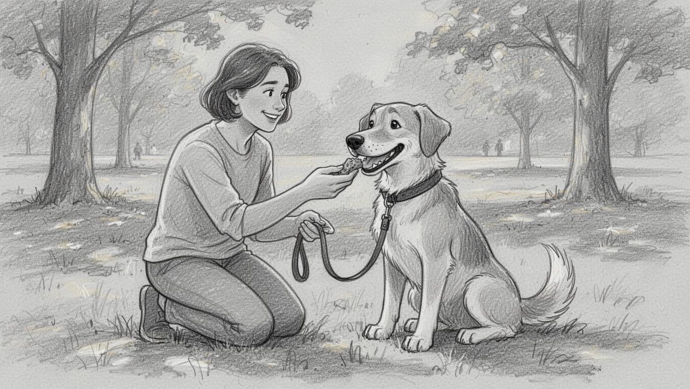 Kneeling owner gives treat to happy sitting dog with wagging tail and slack leash in park, graphite sketch on light gray background.