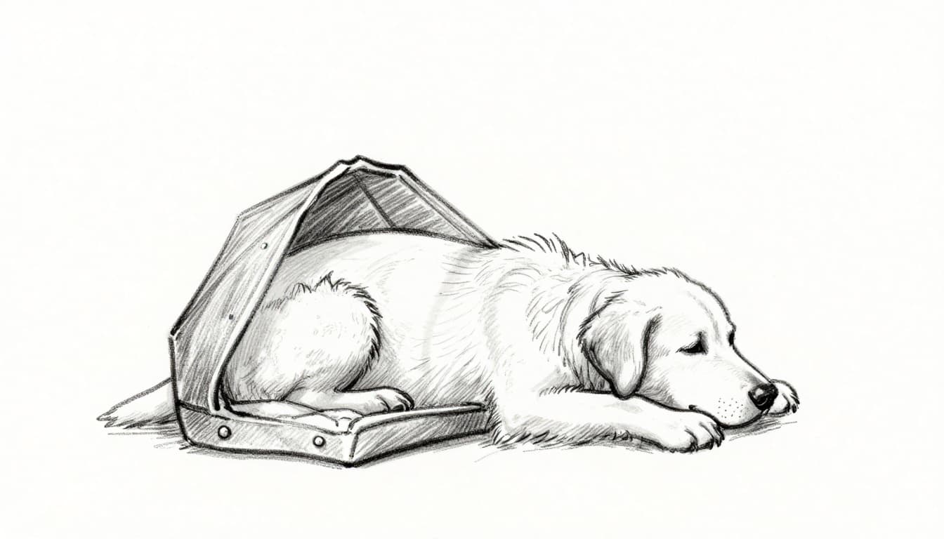 Hand-drawn graphite sketch of a single puppy resting peacefully in a basket with a human sitting nearby in a calm living room corner, light shading on clean white paper.