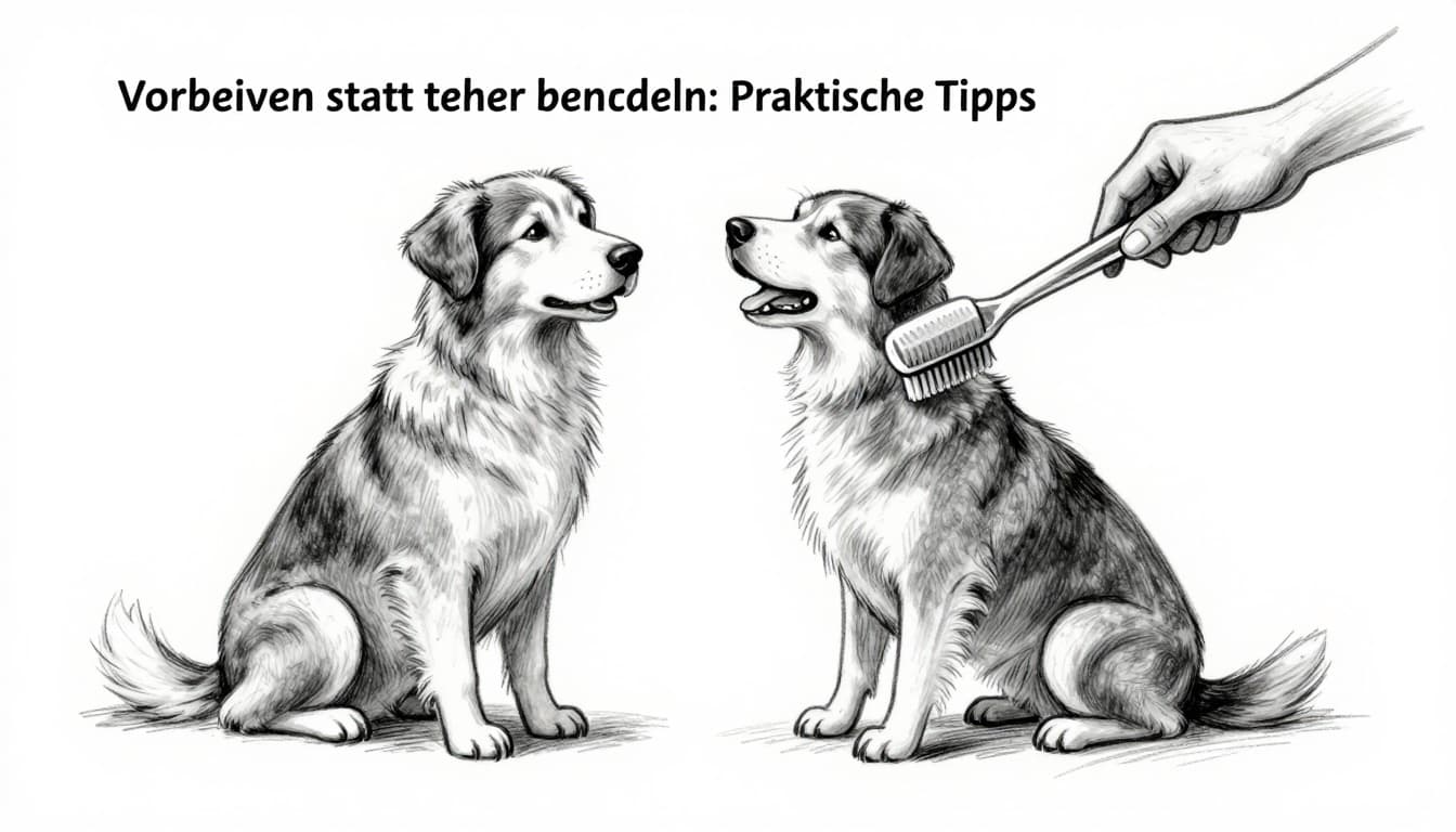A dog sits calmly at home while a person gently brushes its teeth using a toothbrush and toothpaste in a friendly scene. Hand-drawn sketch with graphite linework, light shading, and clean white background.