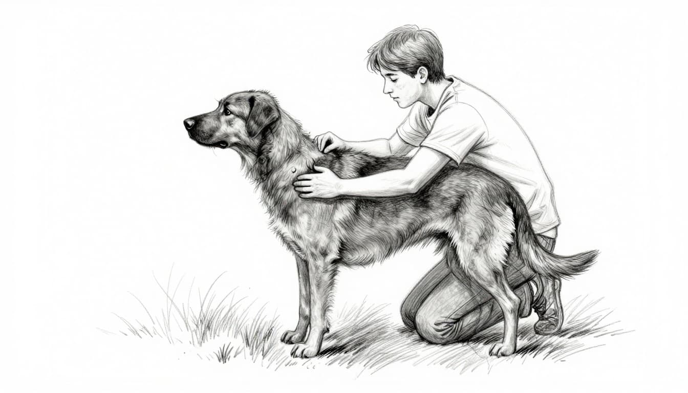 Hand-drawn graphite linework sketch of a person kneeling to gently check a calm dog's neck and armpit for ticks after a walk, with light shading on white background.