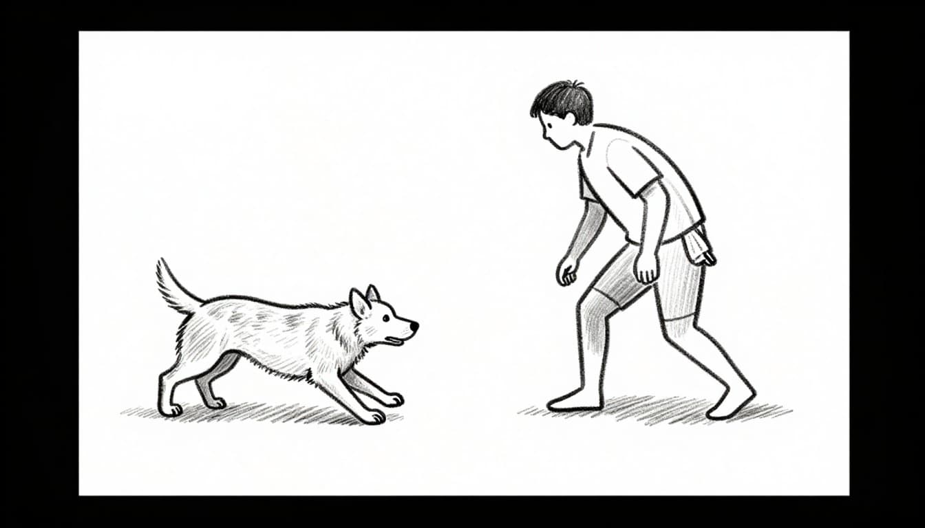 Hand-drawn graphite sketch of a person turning away from a jumping puppy attempting to bite, in a simple room scene with light shading on clean white paper background. Illustrates ignoring behavior to stop play after biting, back view only, relaxed poses.
