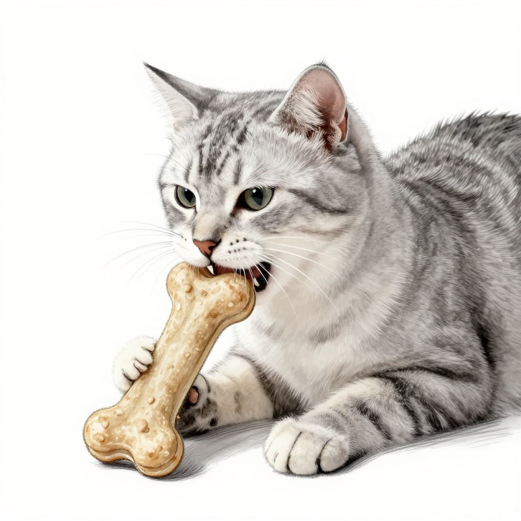 Hand-drawn graphite sketch of a single playful cat with an enthusiastic expression, chewing on a textured bone-shaped dental chew toy, close-up side view on clean white paper background.