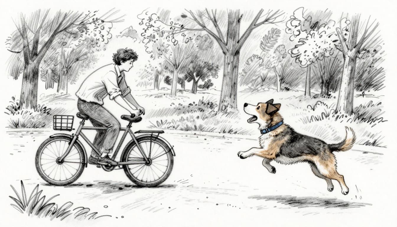 Hand-drawn graphite sketch of a playful dog jumping excitedly in a park, accidentally knocking over a cyclist who drops their bike, in a dynamic side-view composition with trees, path, light shading, and clean white background.
