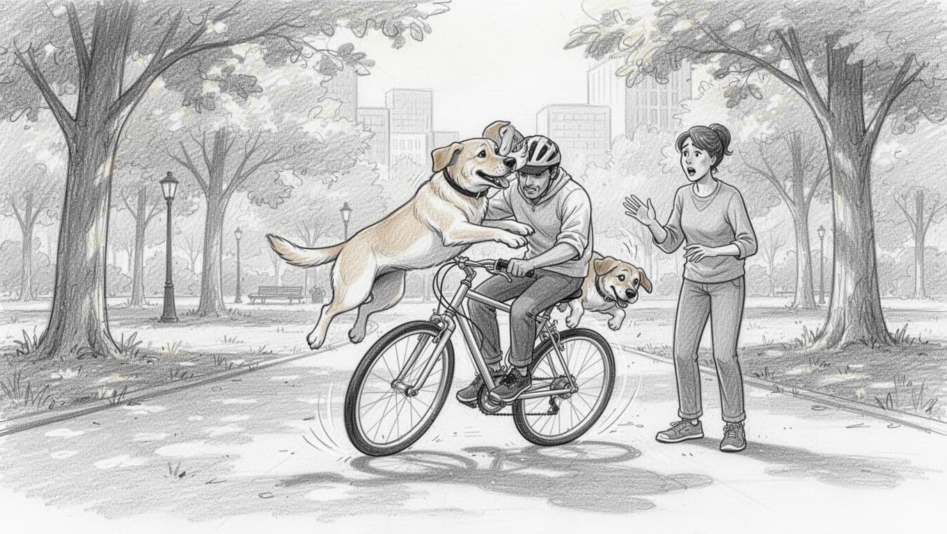A playful Labrador jumps on a cyclist in an urban park, knocking the rider and bike over, while the concerned dog owner watches. Hand-drawn graphite sketch with light shading on clean white paper background.