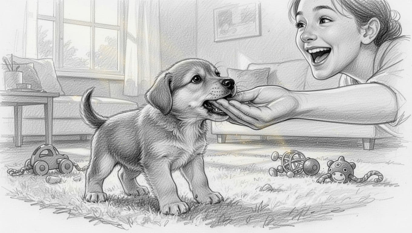 Graphite sketch of puppy playfully biting raised human hand in bright living room with carpet and toys.