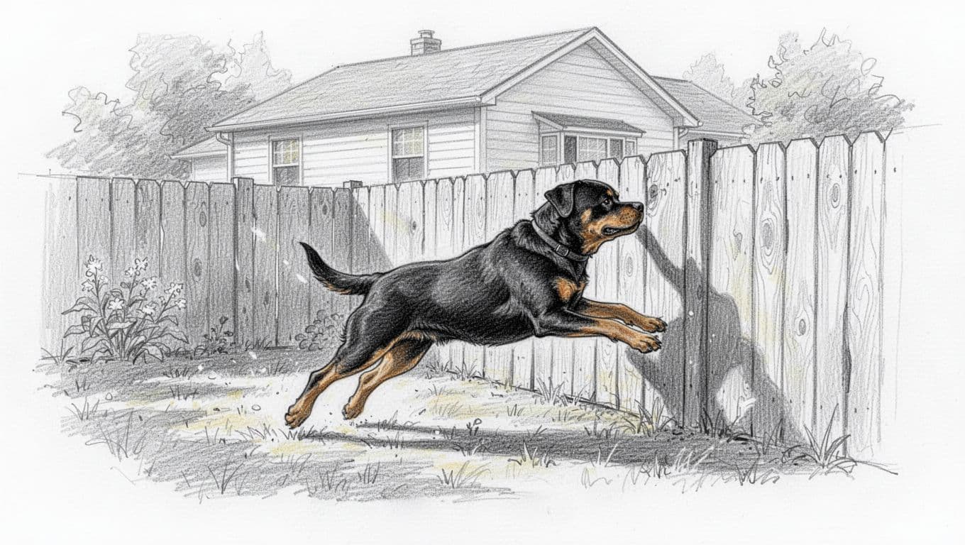 A powerful Rottweiler runs freely in a fenced garden, playfully jumping against a wooden fence with a house in the background; hand-drawn graphite sketch with light shading.