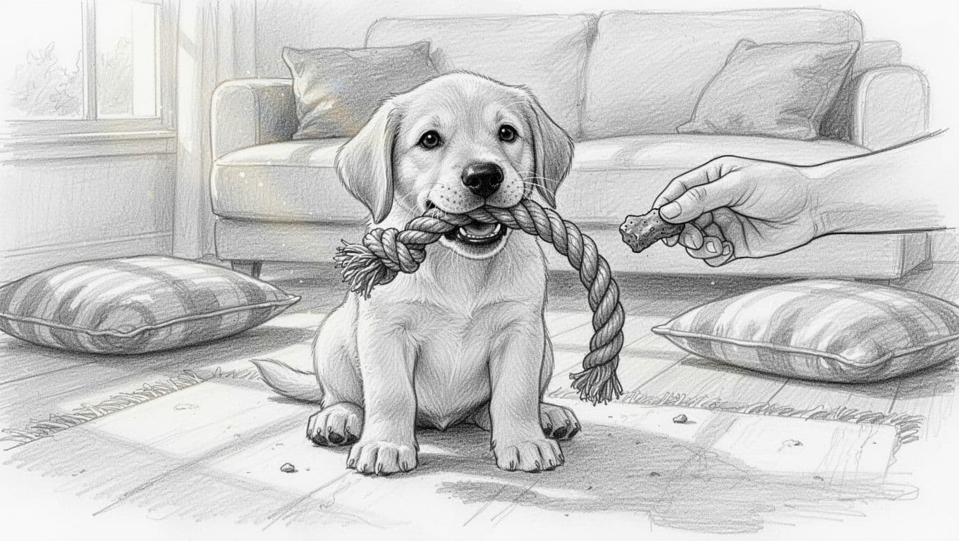 Sketch of sitting puppy chewing thick rope toy with hand holding treat nearby in sunny living room.