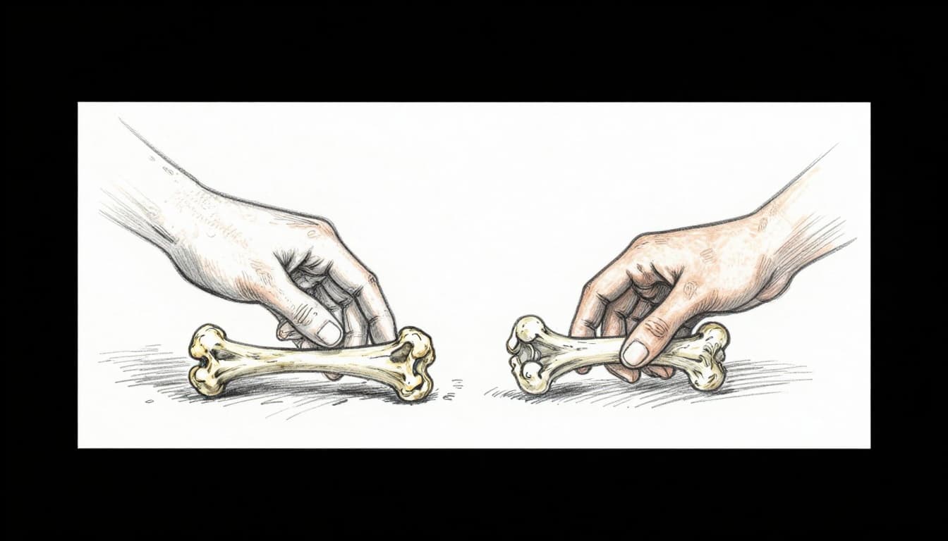 Hand-drawn graphite sketch of a human exchanging their hand for a chew bone that a single puppy takes in a calm home floor scene with light shading on white background.