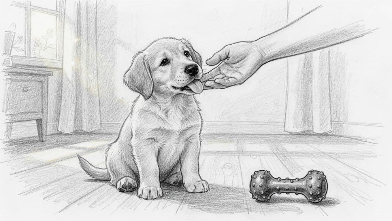 Sketch of a sitting puppy calmly licking an extended human hand, chew toy nearby on floor.