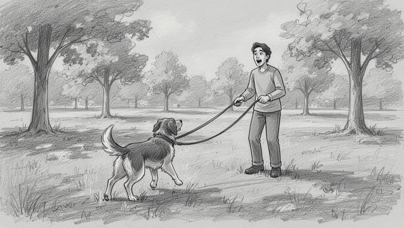 Graphite sketch of young dog on long leash turning back to calling owner amid park trees.