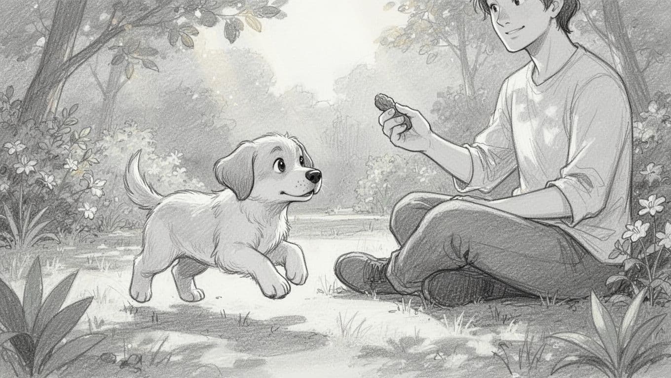 Graphite sketch of joyful puppy running to sitting owner holding treat in quiet garden.