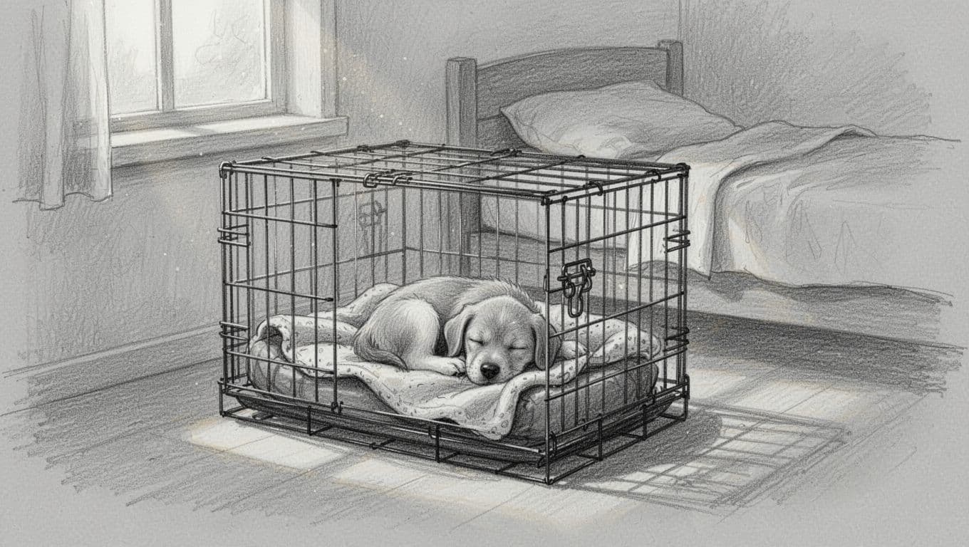Hand-drawn graphite sketch of a single puppy sleeping peacefully in an open box with a cozy blanket, positioned next to a bed in a serene bedroom.