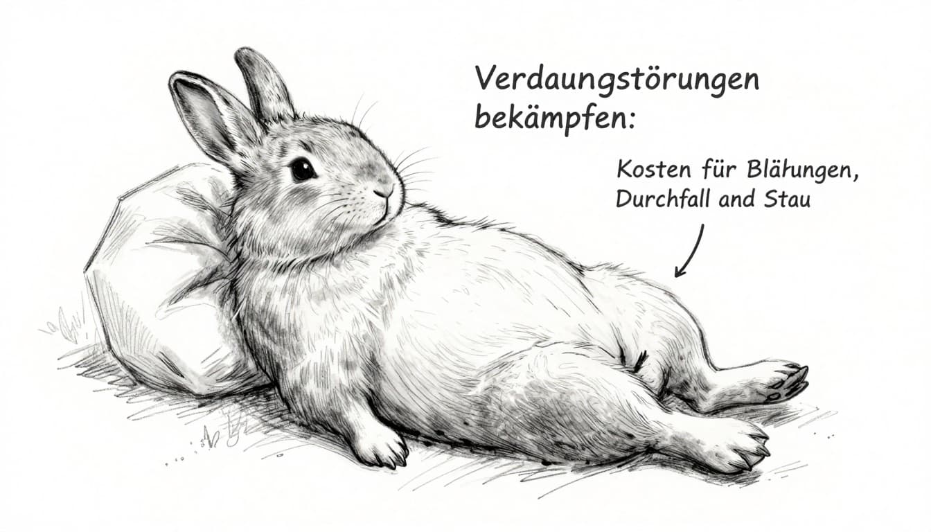 A relaxed rabbit with a bloated belly lies as its owner gently massages the stomach, hay pile nearby in a bright home scene, hand-drawn graphite sketch.
