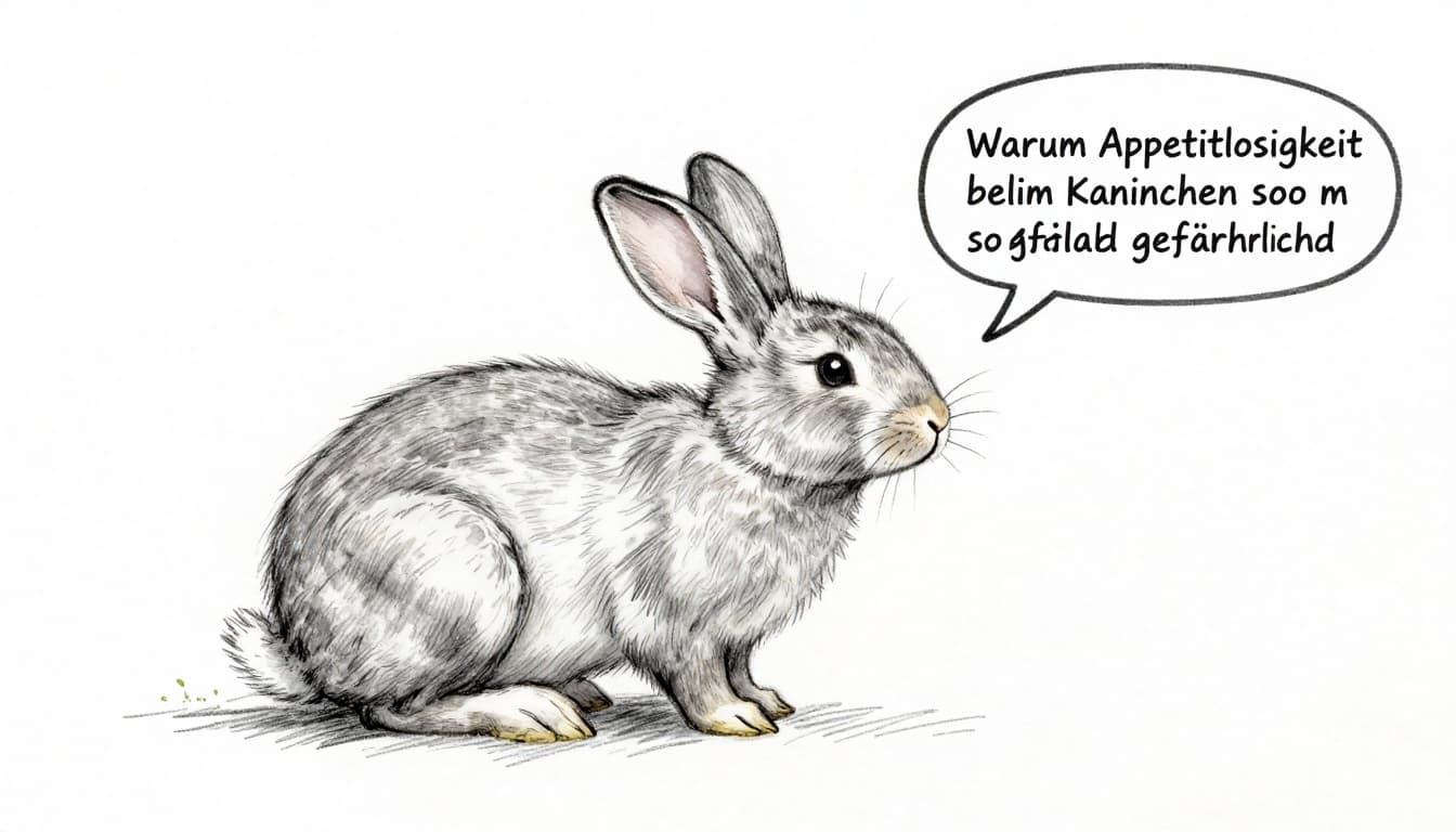 A peaceful rabbit chews hay in a bright stable beside a simple hand-drawn sketch of its intestine featuring wavy movements and arrows showing food flow, emphasizing constant digestion.