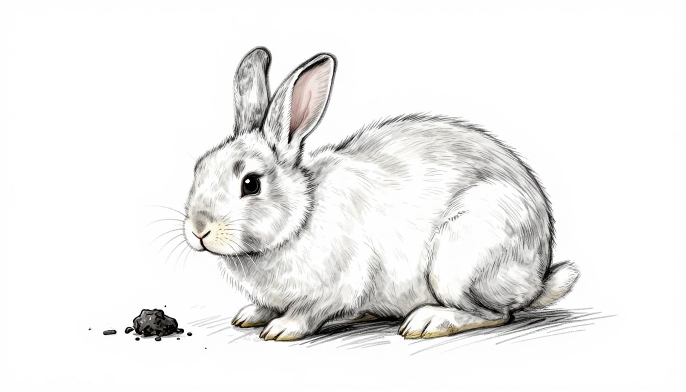 Hand-drawn sketch of a rabbit sitting apathetically in a stall corner, featuring a slightly bloated belly, cold drooping ears, and a contrast between normal droppings and small or absent feces, indicating a veterinary emergency like GI stasis.