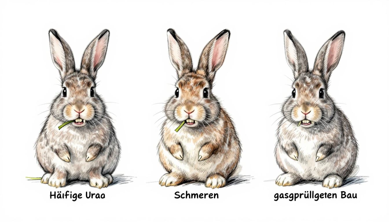 Hand-drawn sketch showing two rabbit heads side-by-side: one with normal teeth chewing hay, the other with overgrown sharp teeth in pain, plus a rabbit with gas-filled belly.