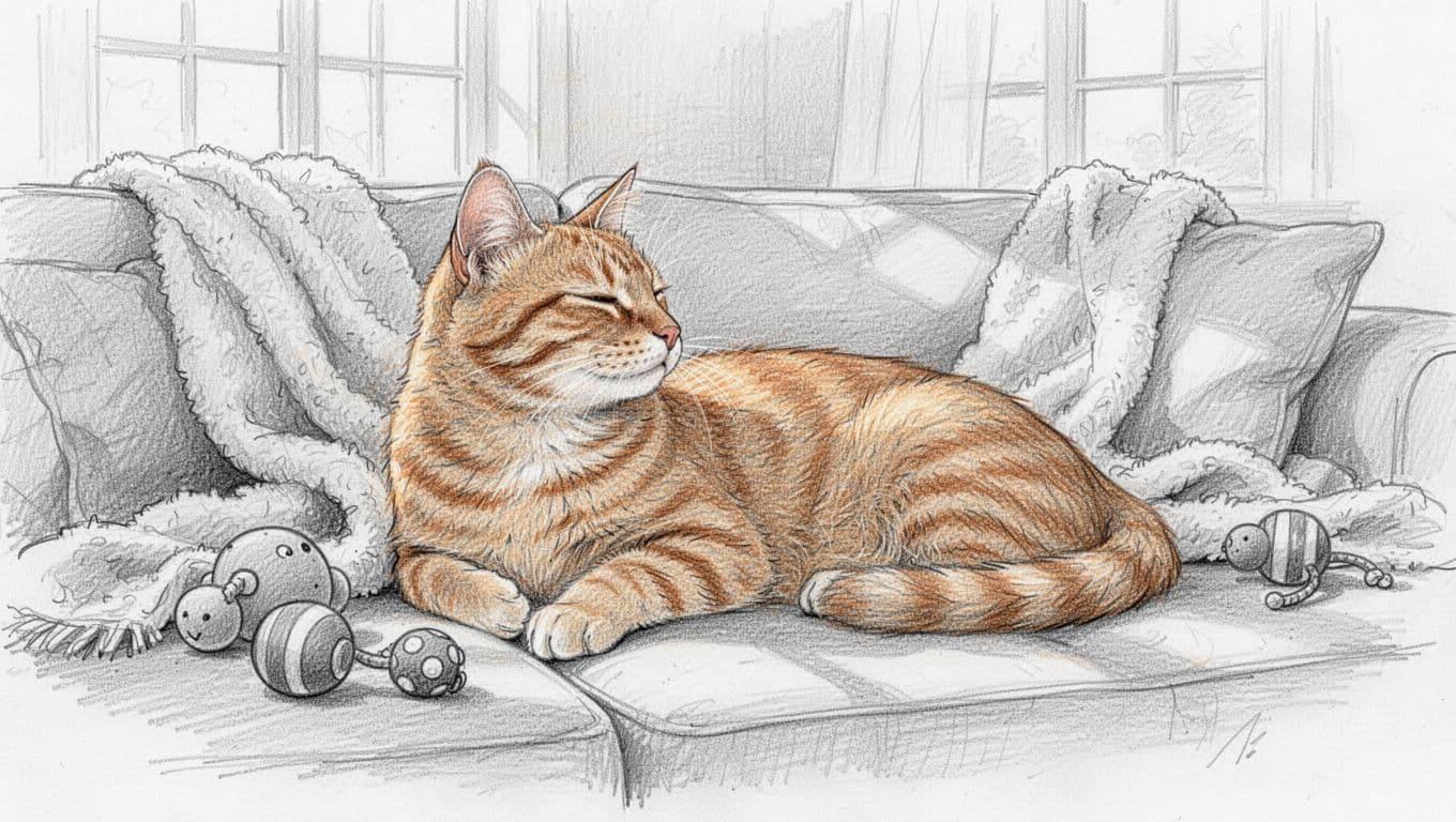 Ein entspannter Kater liegt gemütlich auf einem Sofa in einem hellen Wohnzimmer, umgeben von Kuscheldecken und Spielzeug, und schaut friedlich in die Ferne. Hand-drawn sketch style mit graphite linework, light shading und clean white paper background.