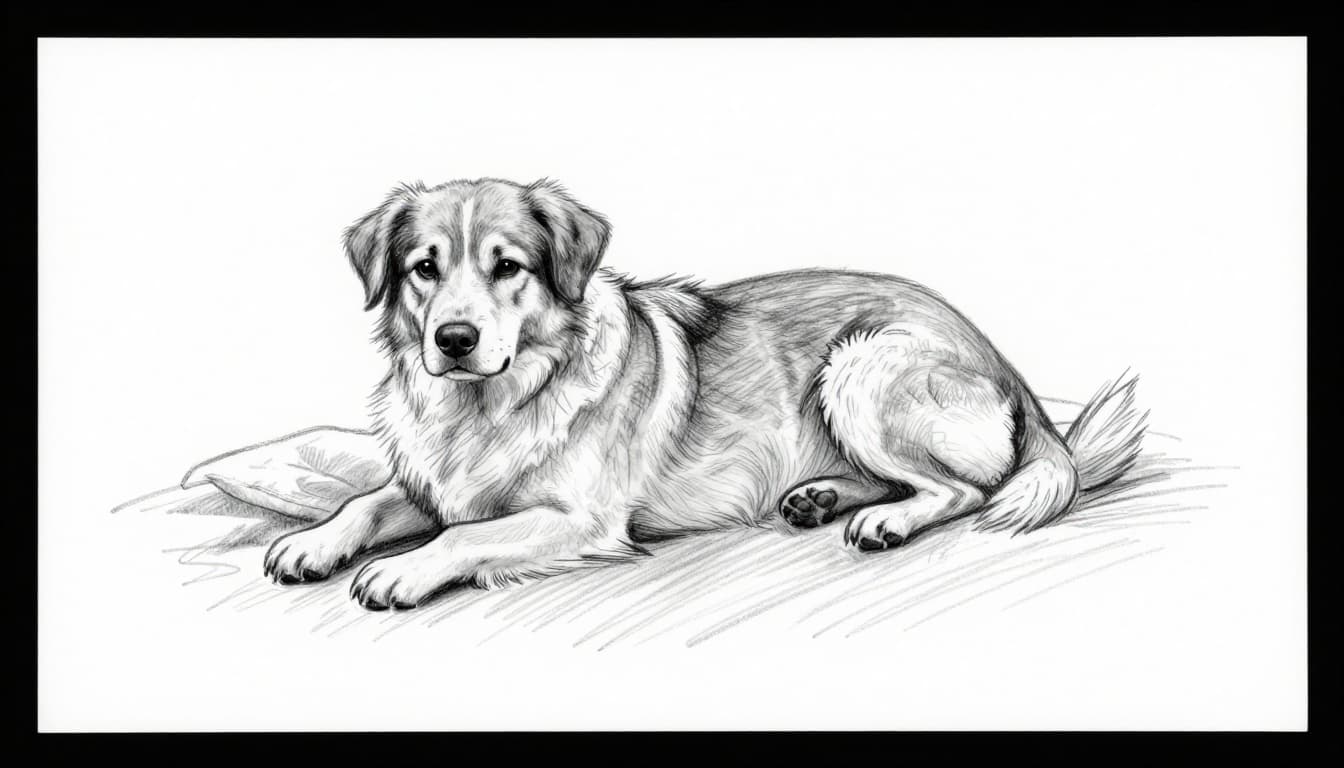 Hand-drawn grayscale sketch of a dog lying peacefully on a blanket in a quiet living room corner, with a toy nearby, emphasizing a safe resting spot.
