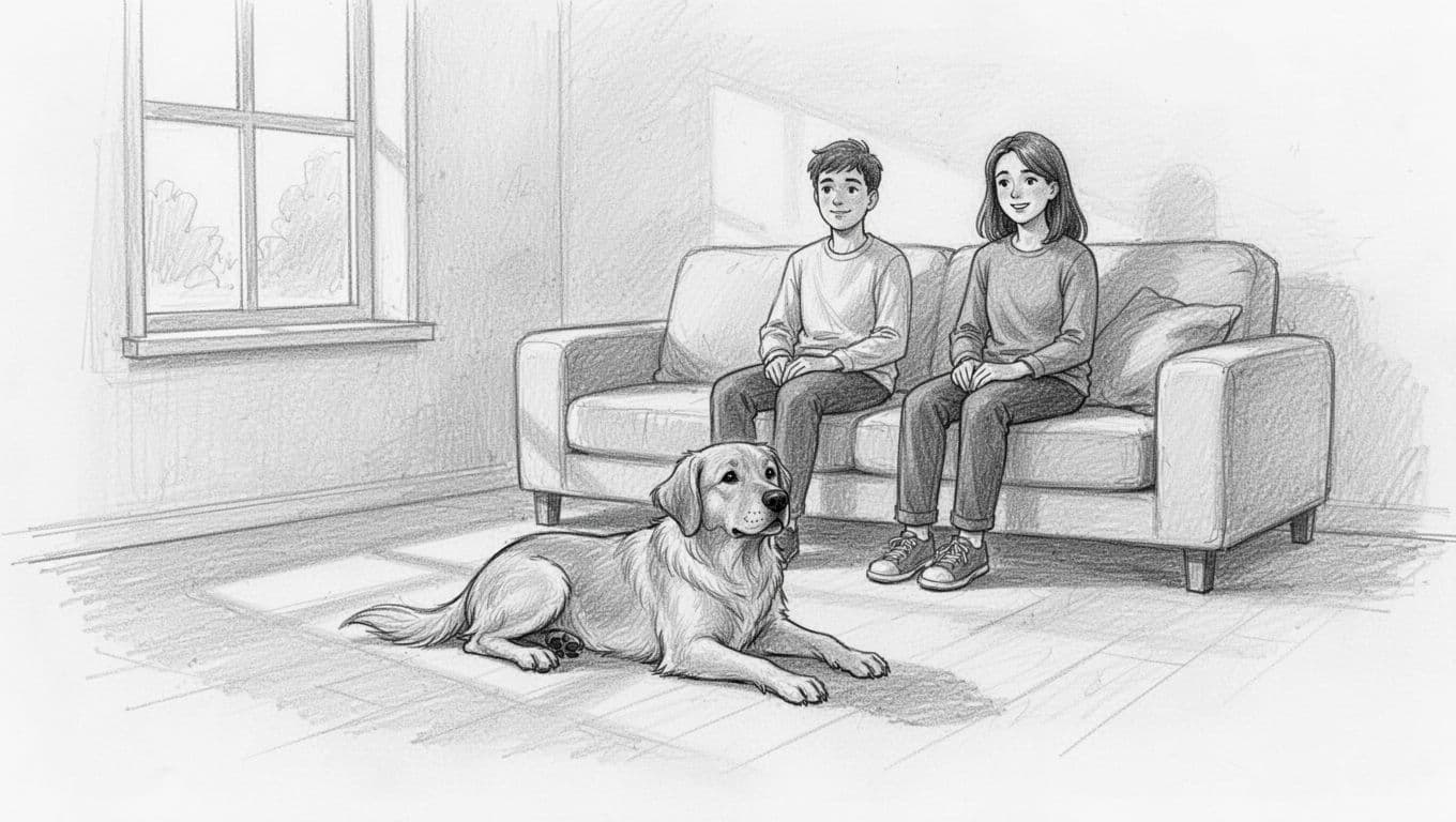 Dog lies calmly on living room floor as two guests enter and sit on couch.