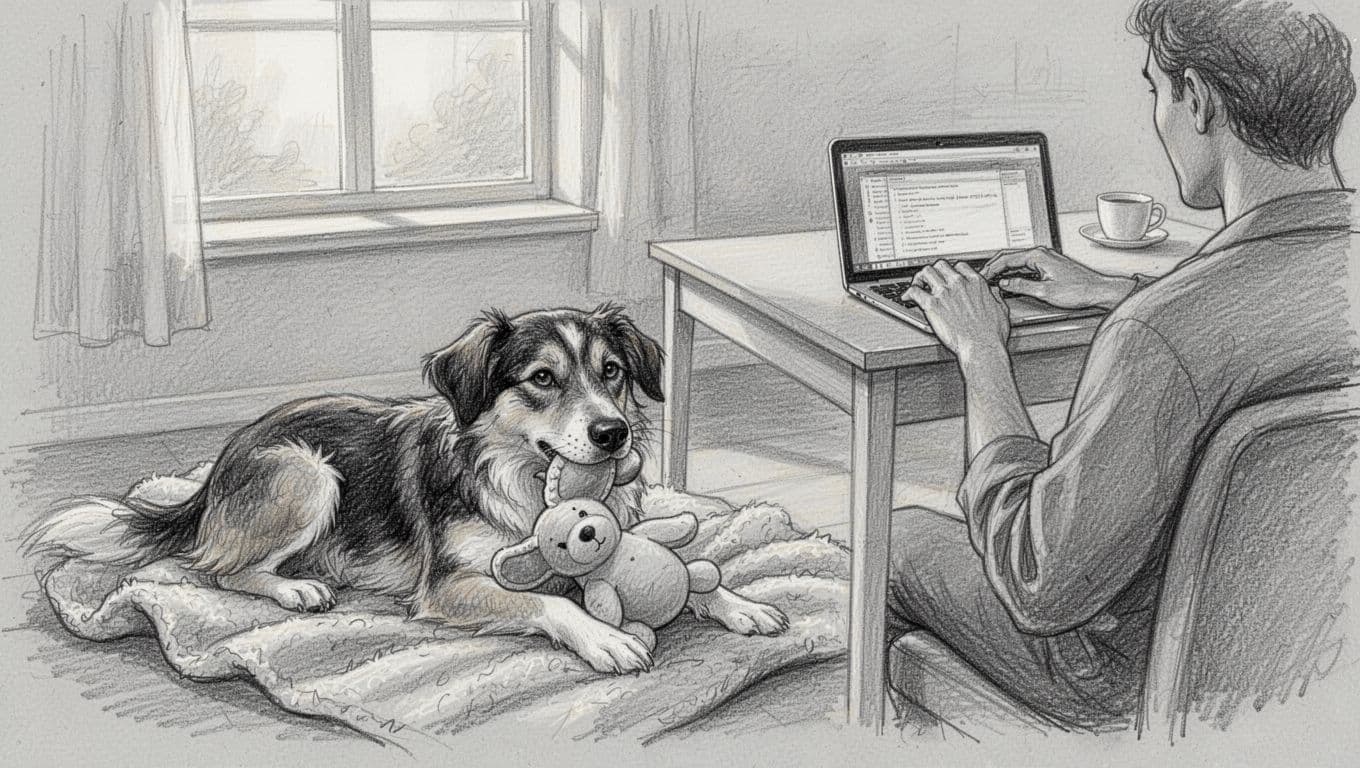 Medium-sized mixed-breed dog lying relaxed on a cozy blanket near a home office desk, person working on laptop, hand-drawn graphite sketch in grayscale.