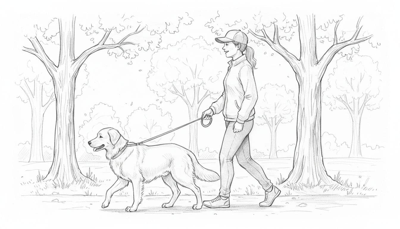 Side-view graphite sketch of owner smiling while walking relaxed dog on loose leash through park with trees behind.